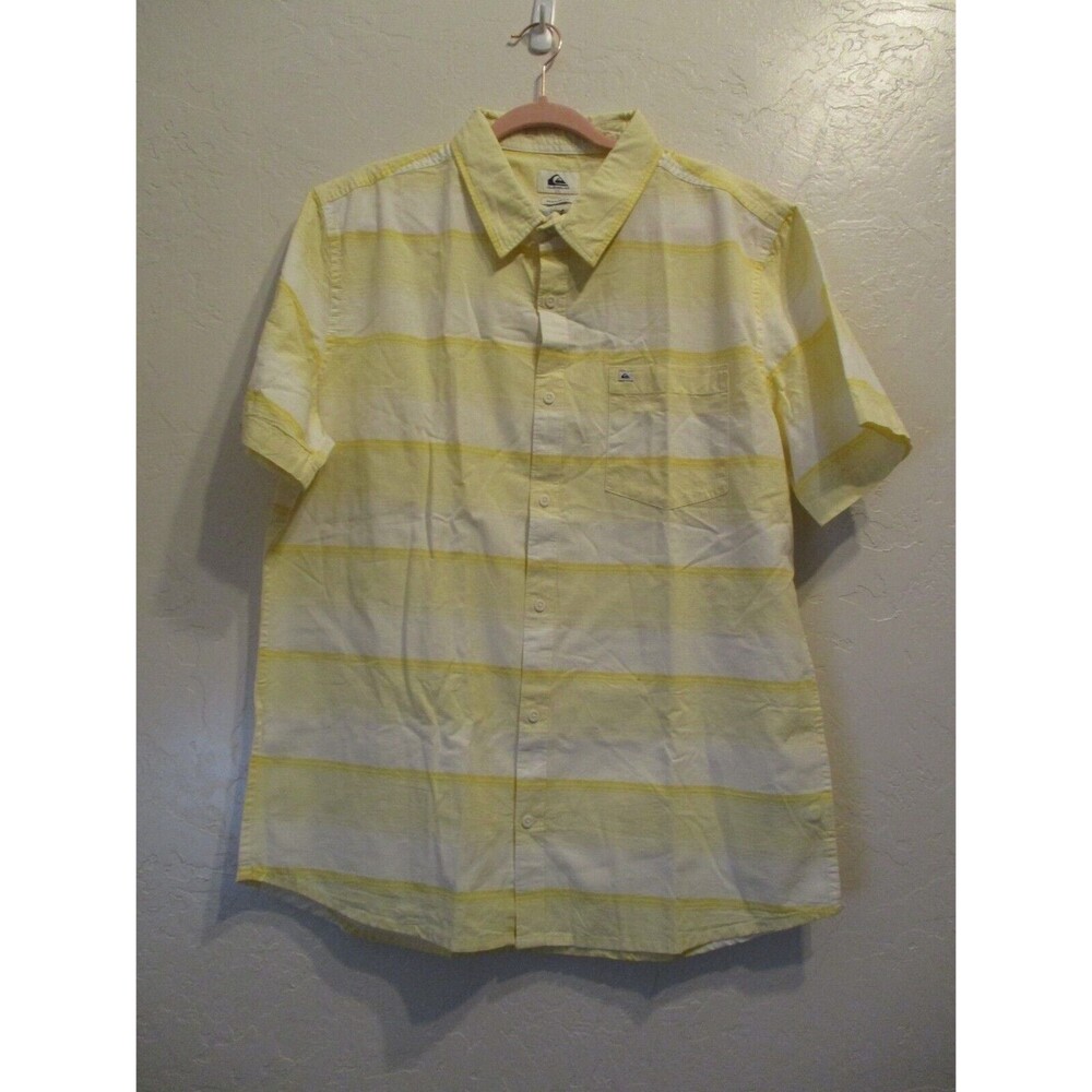 Quiksilver Mens Sz XL Button Front Short Sleeve Yellow Striped Hozza Shirt